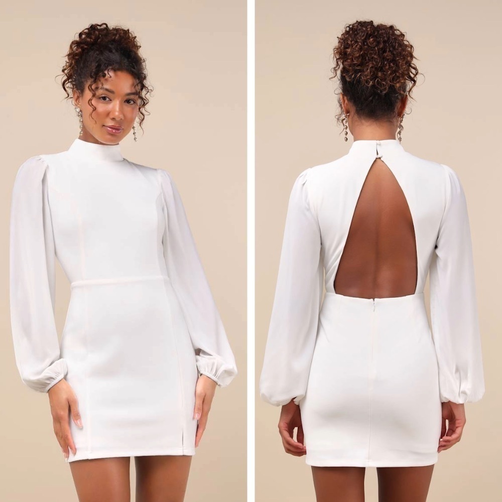 NWT Lulus Exceptionally Flirty White Long Sleeve Backless Mini Dress, Size XL